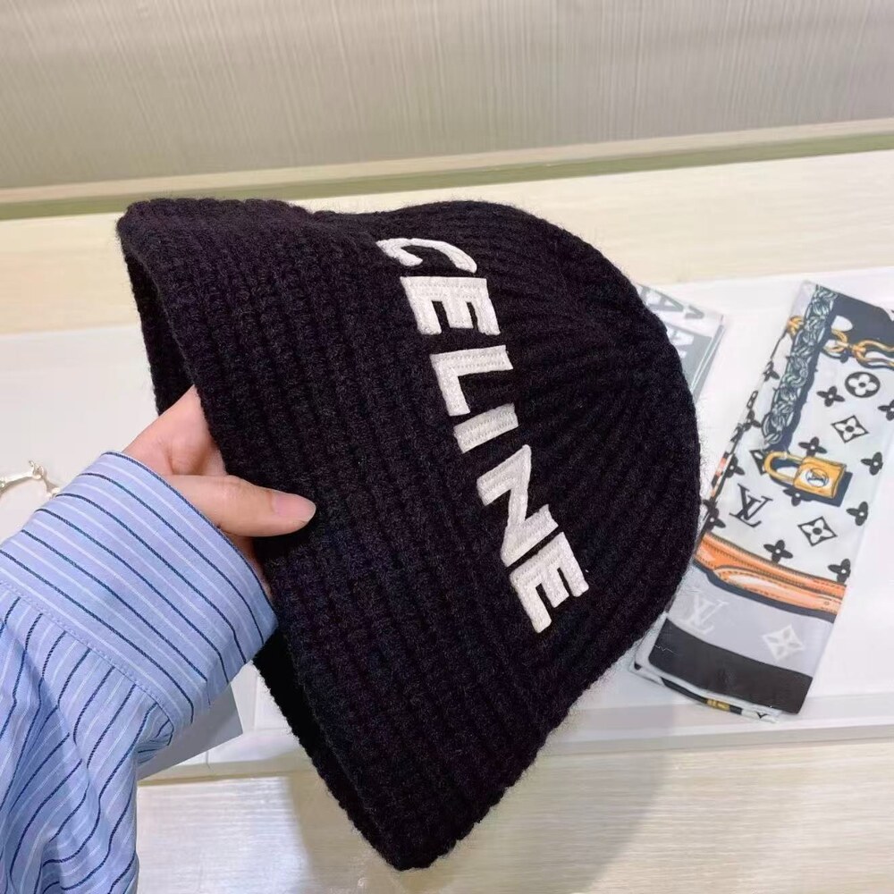 Celine Logo Ribbed Knit Beanie in Black - Picture 2 of 4
